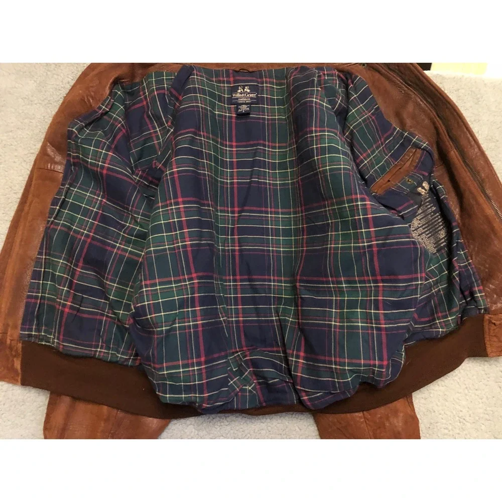 VTG Willis & Geiger‎ Leather Bomber Jacket Mens L Brown Plaid Lined Made in USA